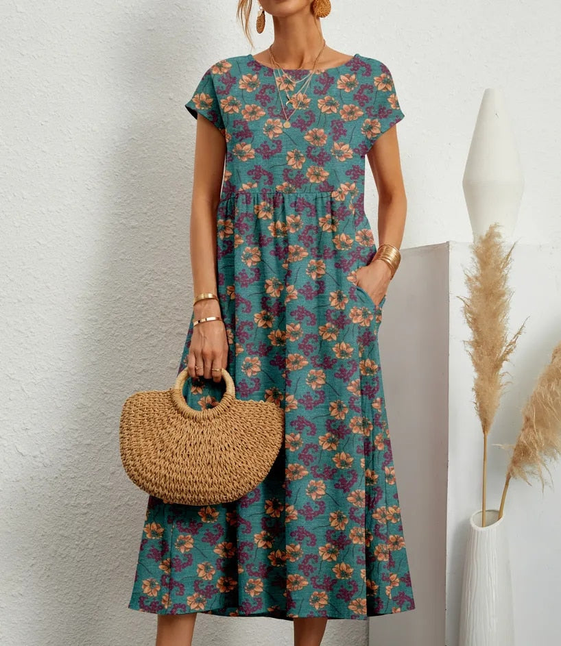 Vrouwelijke Zomerjurk van Katoen, Elegante en Comfortabele Lange Jurk