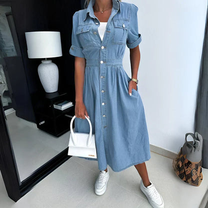 Vrouwelijke Midi Jurk Blauw Denim Kort Model