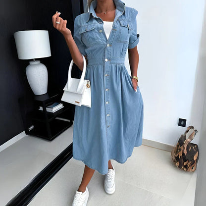 Vrouwelijke Midi Jurk Blauw Denim Kort Model