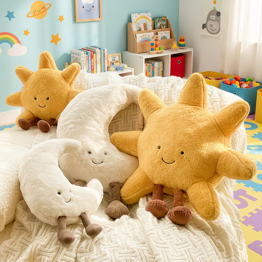 Decoratief Pluche Knuffelkussen met Zon & Maan Gezichtje 33cm of 48cm