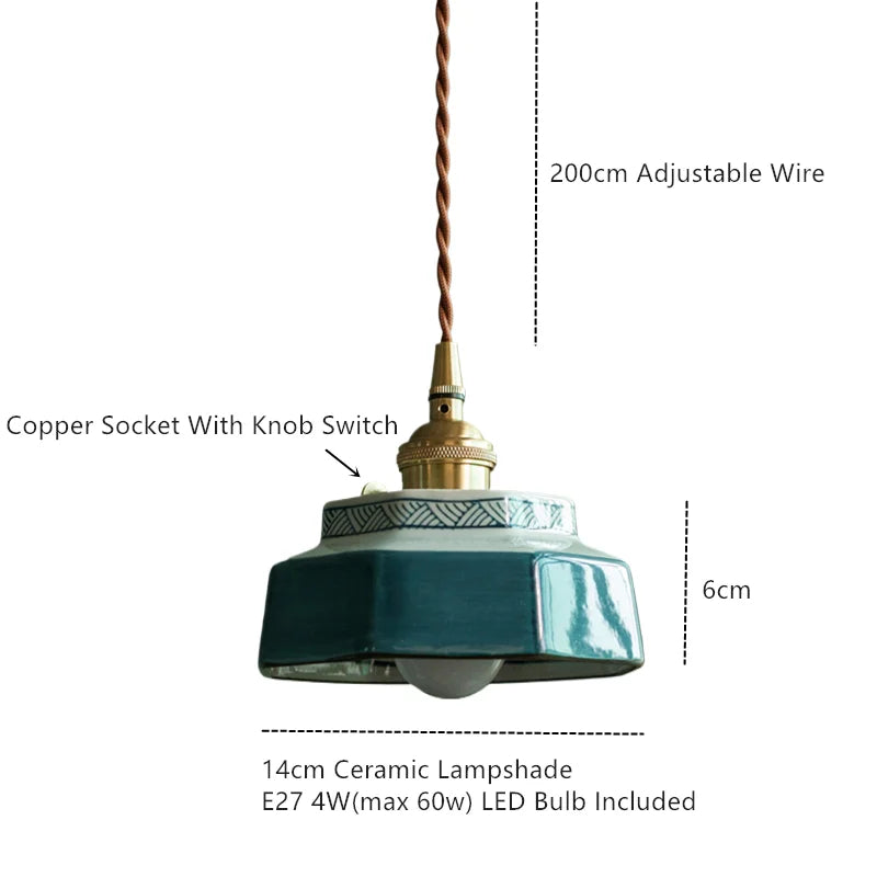 Handgeschilderde Keramische Hanglamp – Scandinavische Stijl met Koperen Fitting