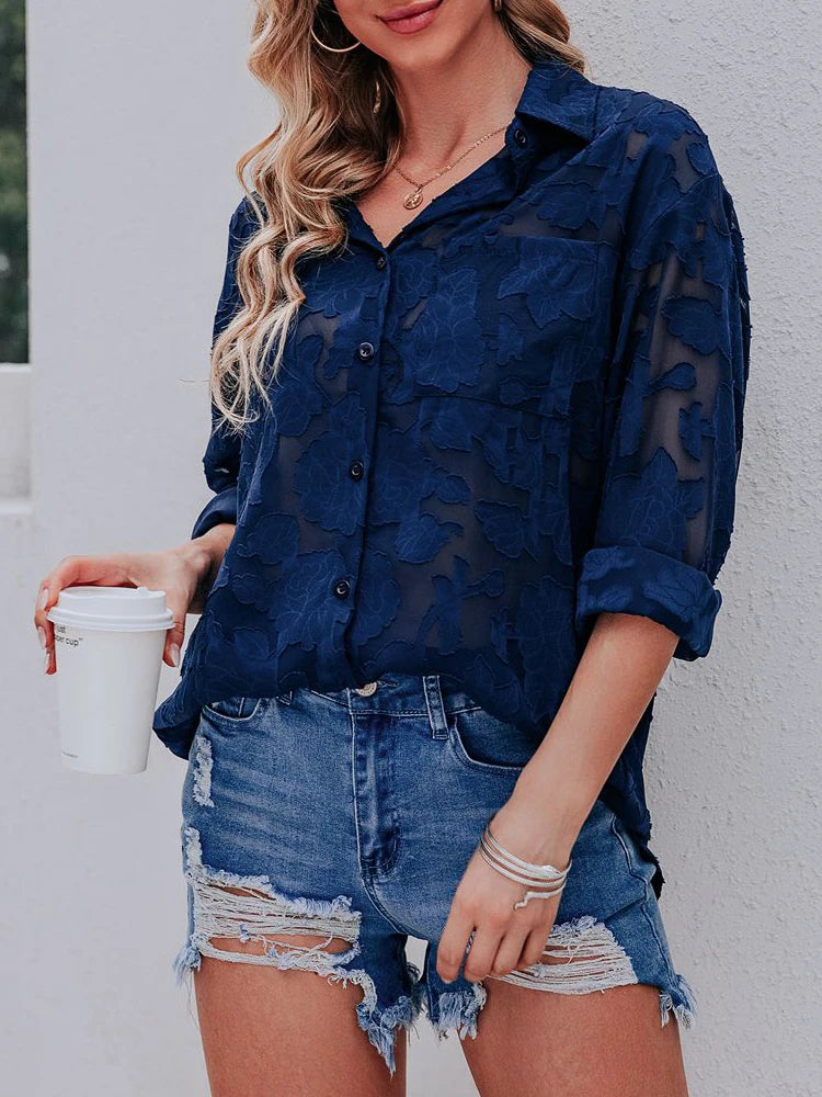 Vrouwelijke Zomerblouse Lange Mouw Gedrukt