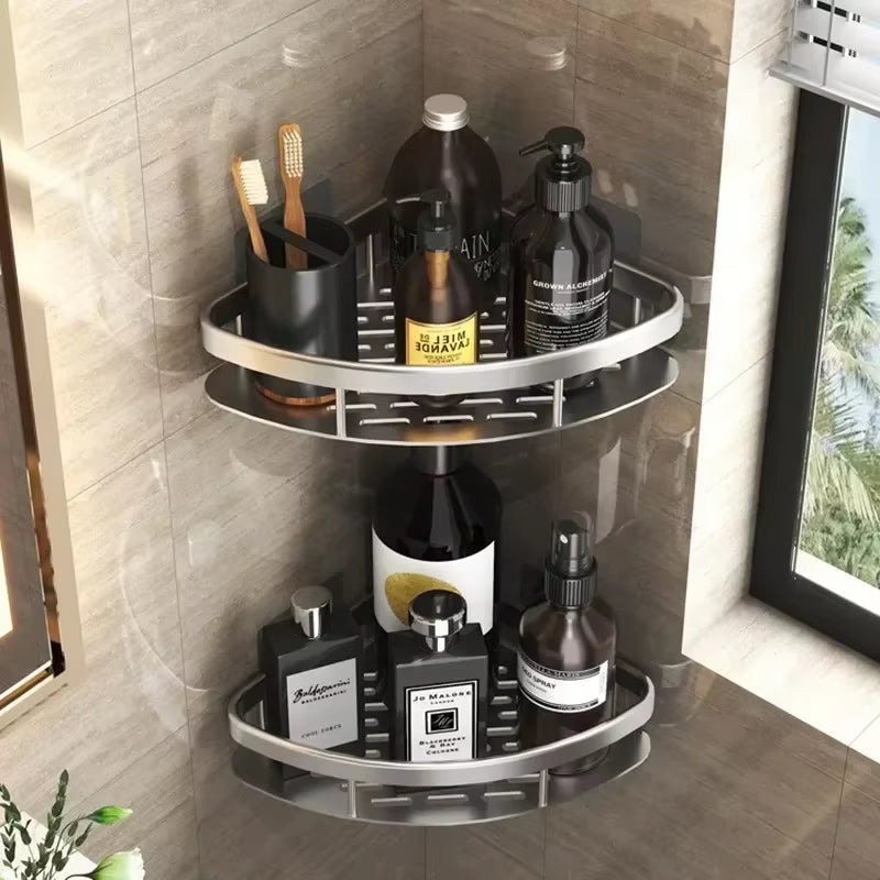 Aluminium Hoekplank voor Douche en Badkamer zonder Boren met Sterke Kleefpad Zwart Zilver