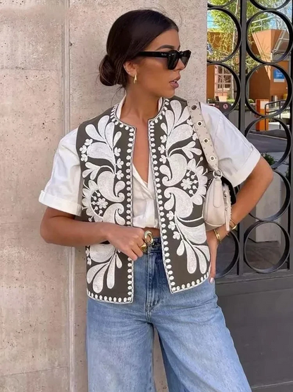 Vest met Bloemen Geborduurd Korte Lengte