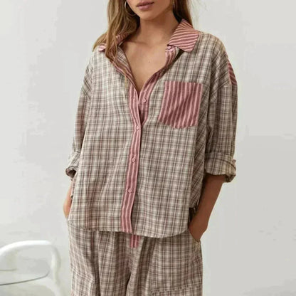 Pyjama Set Lange Mouwen Zacht Warm Geruit