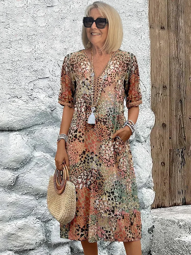Korte Zomerjurk Bloemenprint V-hals Comfortabele Jurk