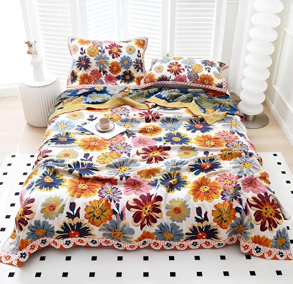 Katoenen Plaid met Kleurrijk Bloemdesign – Zacht & Omkeerbaar – Multifunctioneel voor Bank of Bed