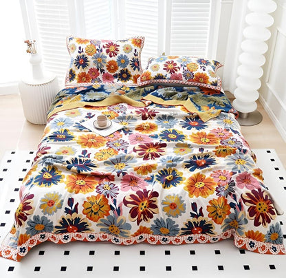 Katoenen Plaid met Kleurrijk Bloemdesign – Zacht & Omkeerbaar – Multifunctioneel voor Bank of Bed