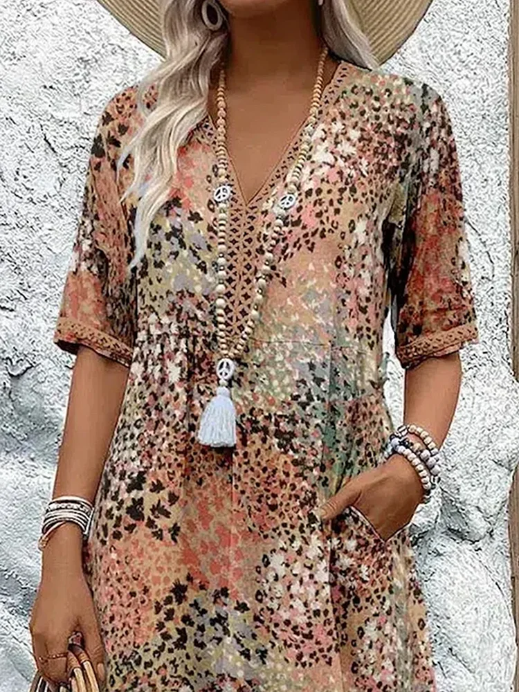 Korte Zomerjurk Bloemenprint V-hals Comfortabele Jurk