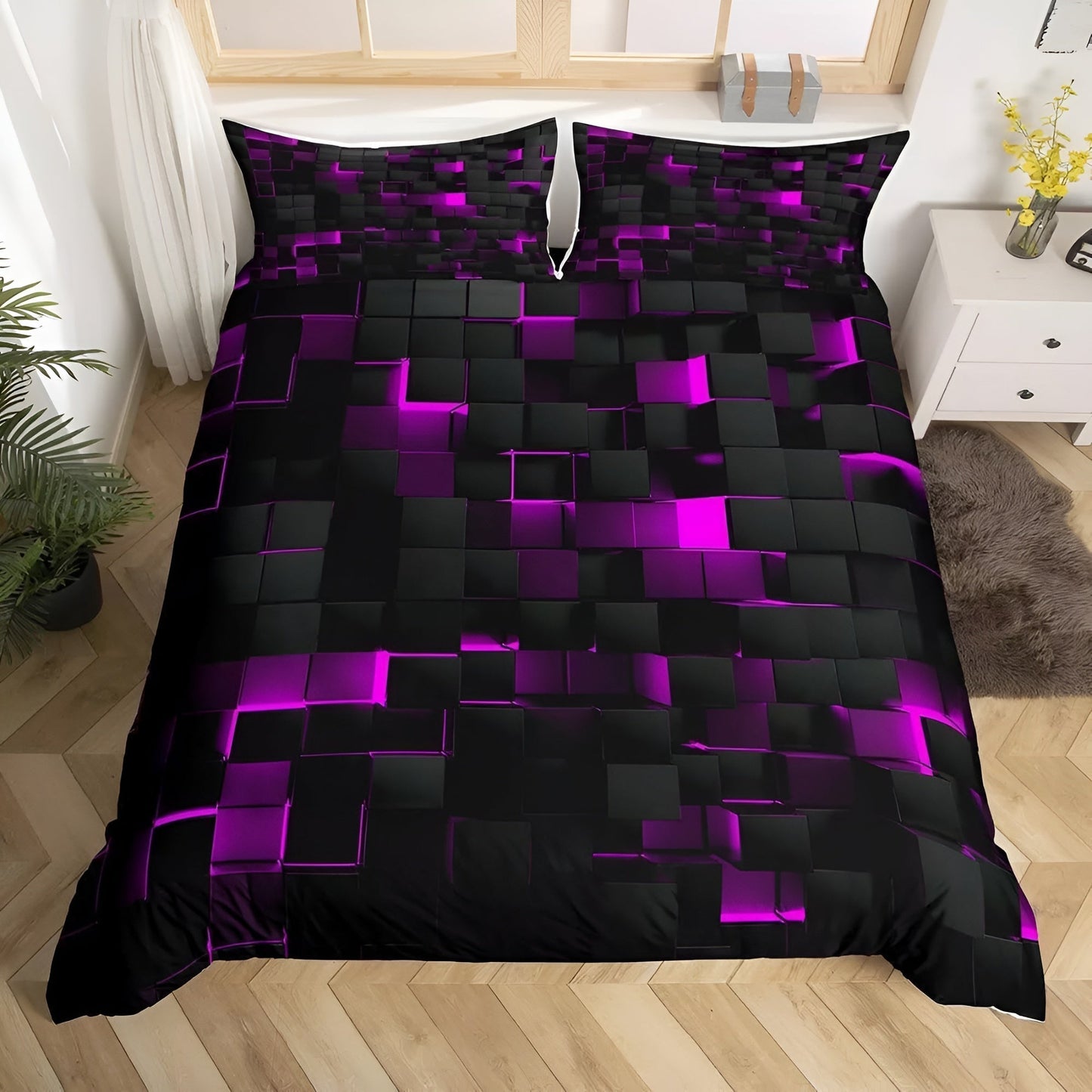 Geometrisch Dekbedovertrek Set met Neon 3D Grid Print | Ademend Microfiber Katoen voor Comfortabele Slaap | Modern Slaapkamer Textiel in Meerdere Kleuren Twin Full Queen King