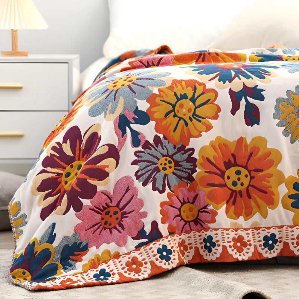 Katoenen Plaid met Kleurrijk Bloemdesign – Zacht & Omkeerbaar – Multifunctioneel voor Bank of Bed