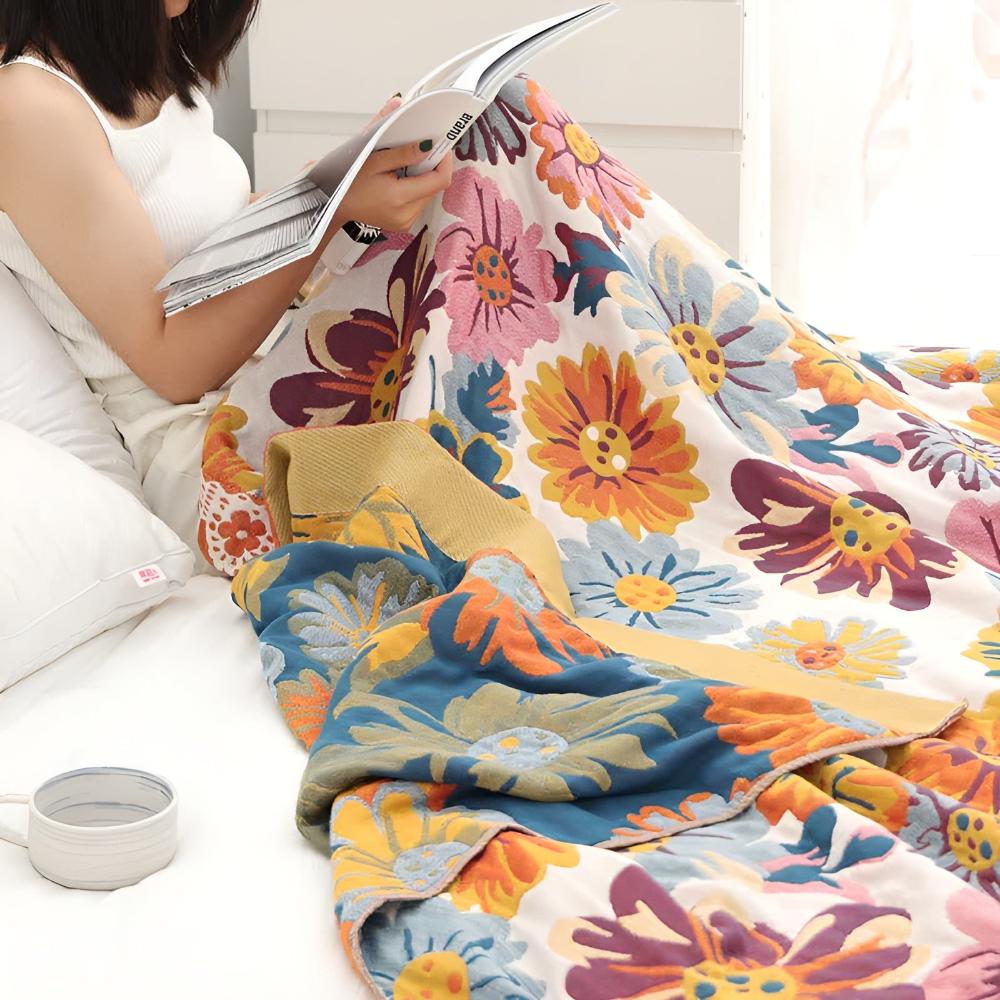 Katoenen Plaid met Kleurrijk Bloemdesign – Zacht & Omkeerbaar – Multifunctioneel voor Bank of Bed