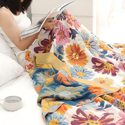 Katoenen Plaid met Kleurrijk Bloemdesign – Zacht & Omkeerbaar – Multifunctioneel voor Bank of Bed