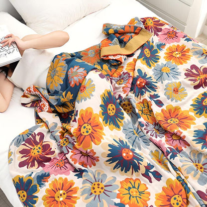 Katoenen Plaid met Kleurrijk Bloemdesign – Zacht & Omkeerbaar – Multifunctioneel voor Bank of Bed