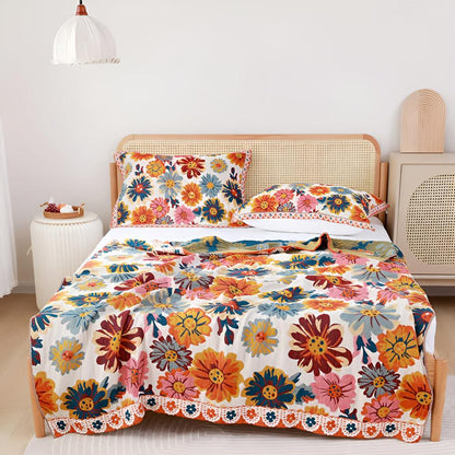 Katoenen Plaid met Kleurrijk Bloemdesign – Zacht & Omkeerbaar – Multifunctioneel voor Bank of Bed