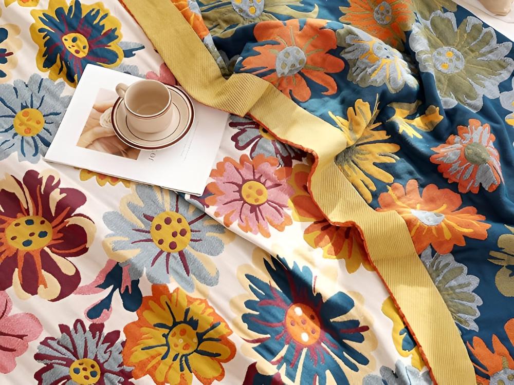 Katoenen Plaid met Kleurrijk Bloemdesign – Zacht & Omkeerbaar – Multifunctioneel voor Bank of Bed