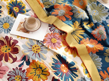 Katoenen Plaid met Kleurrijk Bloemdesign – Zacht & Omkeerbaar – Multifunctioneel voor Bank of Bed