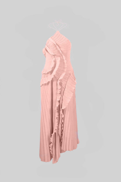 Midi Jurk Roze met Ruches en Geplooide Halslijn