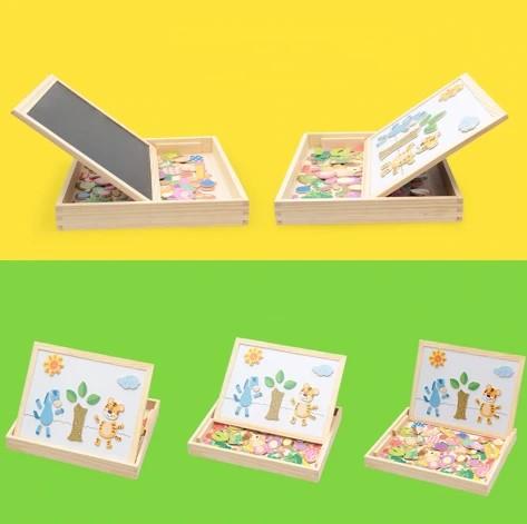 Magnetisch Teken- en Puzzelbord Hout – Dubbelzijdig Whiteboard en Schoolbord – Educatief Speelgoed met Magnetische Stukken – 30x23x3 cm