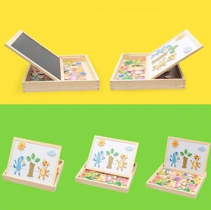 Magnetisch Teken- en Puzzelbord Hout – Dubbelzijdig Whiteboard en Schoolbord – Educatief Speelgoed met Magnetische Stukken – 30x23x3 cm