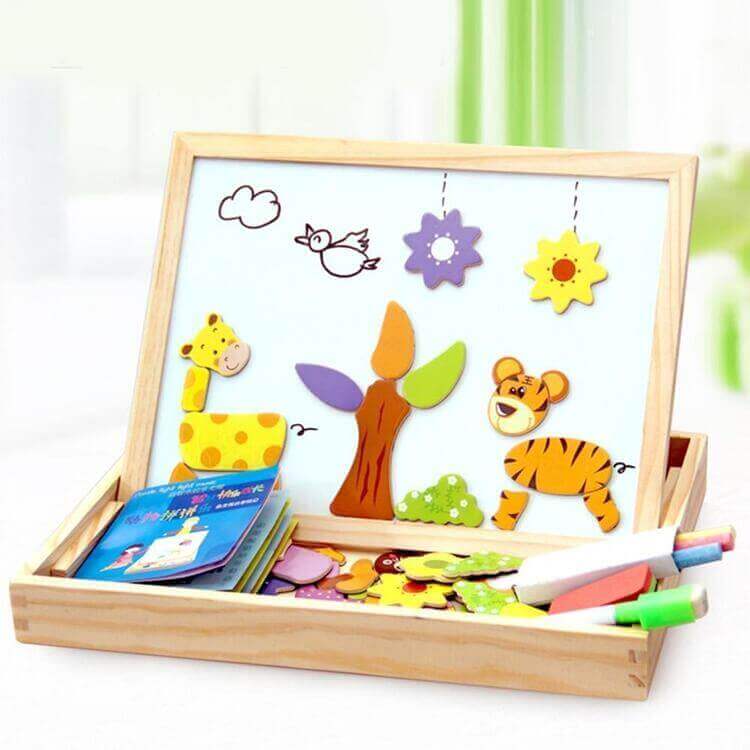 Magnetisch Teken- en Puzzelbord Hout – Dubbelzijdig Whiteboard en Schoolbord – Educatief Speelgoed met Magnetische Stukken – 30x23x3 cm