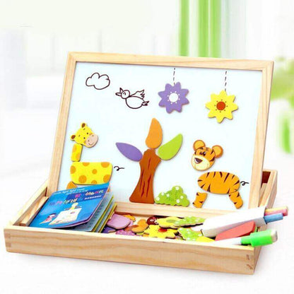 Magnetisch Teken- en Puzzelbord Hout – Dubbelzijdig Whiteboard en Schoolbord – Educatief Speelgoed met Magnetische Stukken – 30x23x3 cm