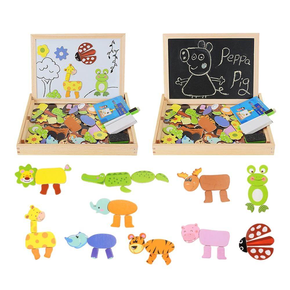 Magnetisch Teken- en Puzzelbord Hout – Dubbelzijdig Whiteboard en Schoolbord – Educatief Speelgoed met Magnetische Stukken – 30x23x3 cm