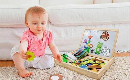 Magnetisch Teken- en Puzzelbord Hout – Dubbelzijdig Whiteboard en Schoolbord – Educatief Speelgoed met Magnetische Stukken – 30x23x3 cm