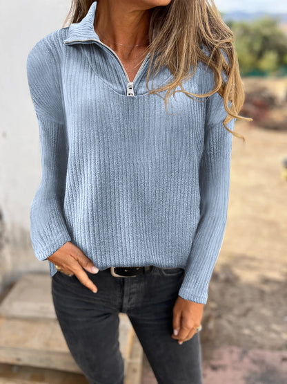 Dames Trui met Halve Rits en Ribbelstructuur Elegante Basislook → Dames Trui Halve Rits Ribbelstructuur Elegante Basislook