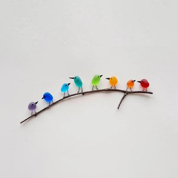 Zeeglas Vogels Wanddecoratie op Drijfhout 8-12 Vogels Handgemaakt Regenboog Kunstwerk Natuurlijk Hout