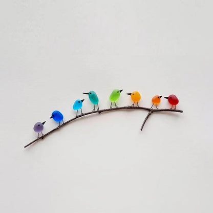 Zeeglas Vogels Wanddecoratie op Drijfhout 8-12 Vogels Handgemaakt Regenboog Kunstwerk Natuurlijk Hout