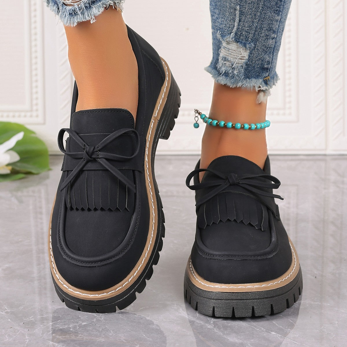 Dames Loafers Met Strik en Dikke Zool