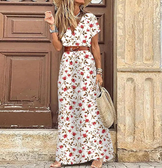 Vrouwen Maxi Jurk Zomer Boho Stijl V-hals Korte Mouwen