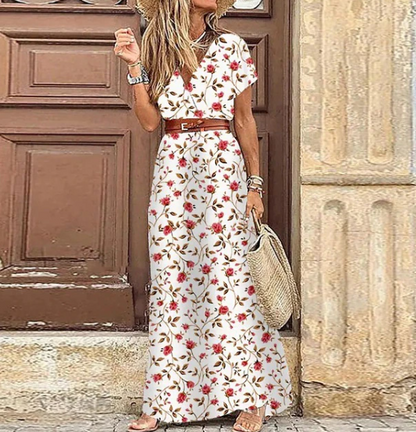 Vrouwen Maxi Jurk Zomer Boho Stijl V-hals Korte Mouwen
