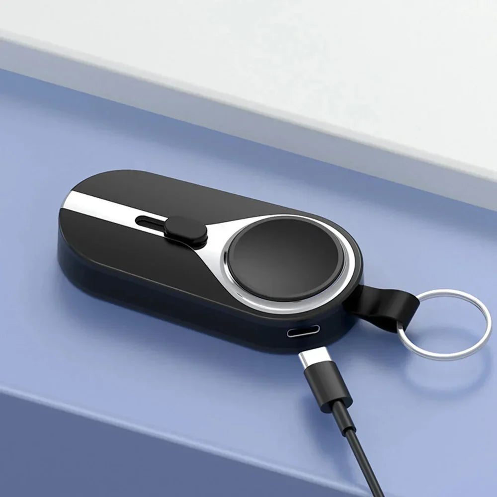 Draadloze oplaadclip powerbank karabijnhaak compact zwart telefoon smartwatch oplader sleutelhanger draagbare lader