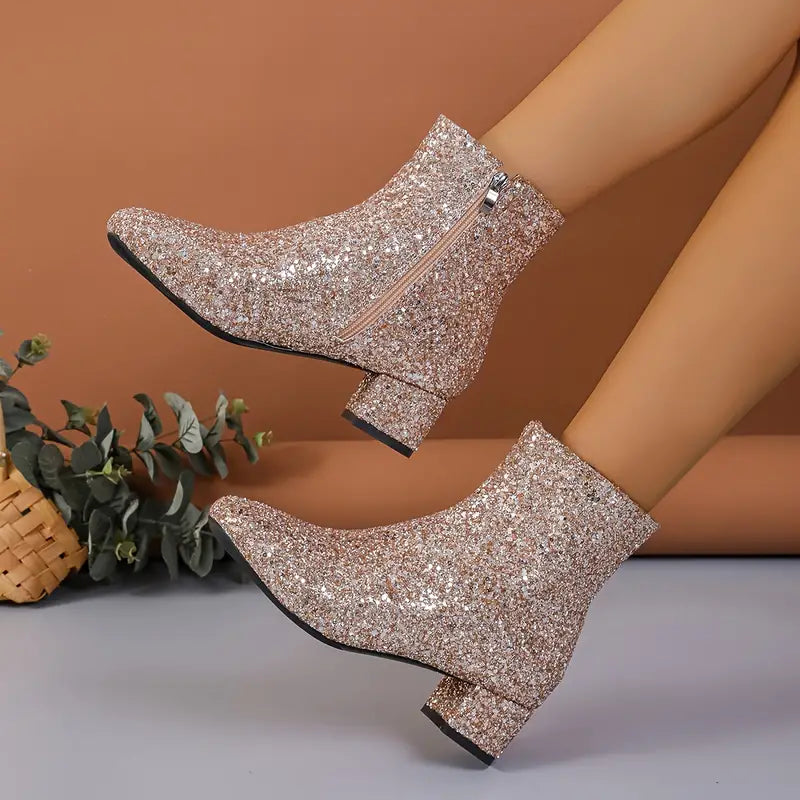 Glitter Enkellaarsjes met Blokhak en Glimmer Effect