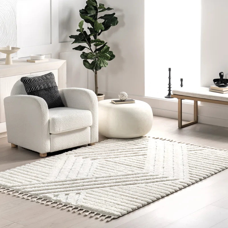 Japandi Vloerkleed Hoogpolig Geometrisch Franjes Creme Polypropeen Woonkamer Slaapkamer