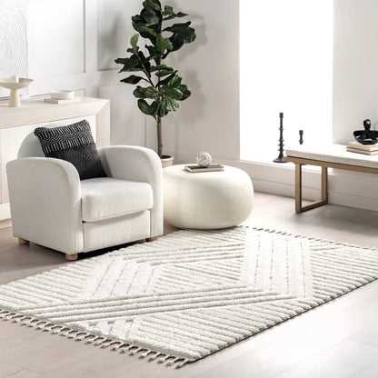 Japandi Vloerkleed Hoogpolig Geometrisch Franjes Creme Polypropeen Woonkamer Slaapkamer