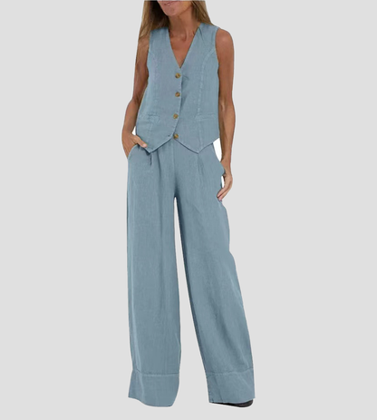 Linnen Set Dame Mouwloos V-Hals Gilet en Wijde Broek