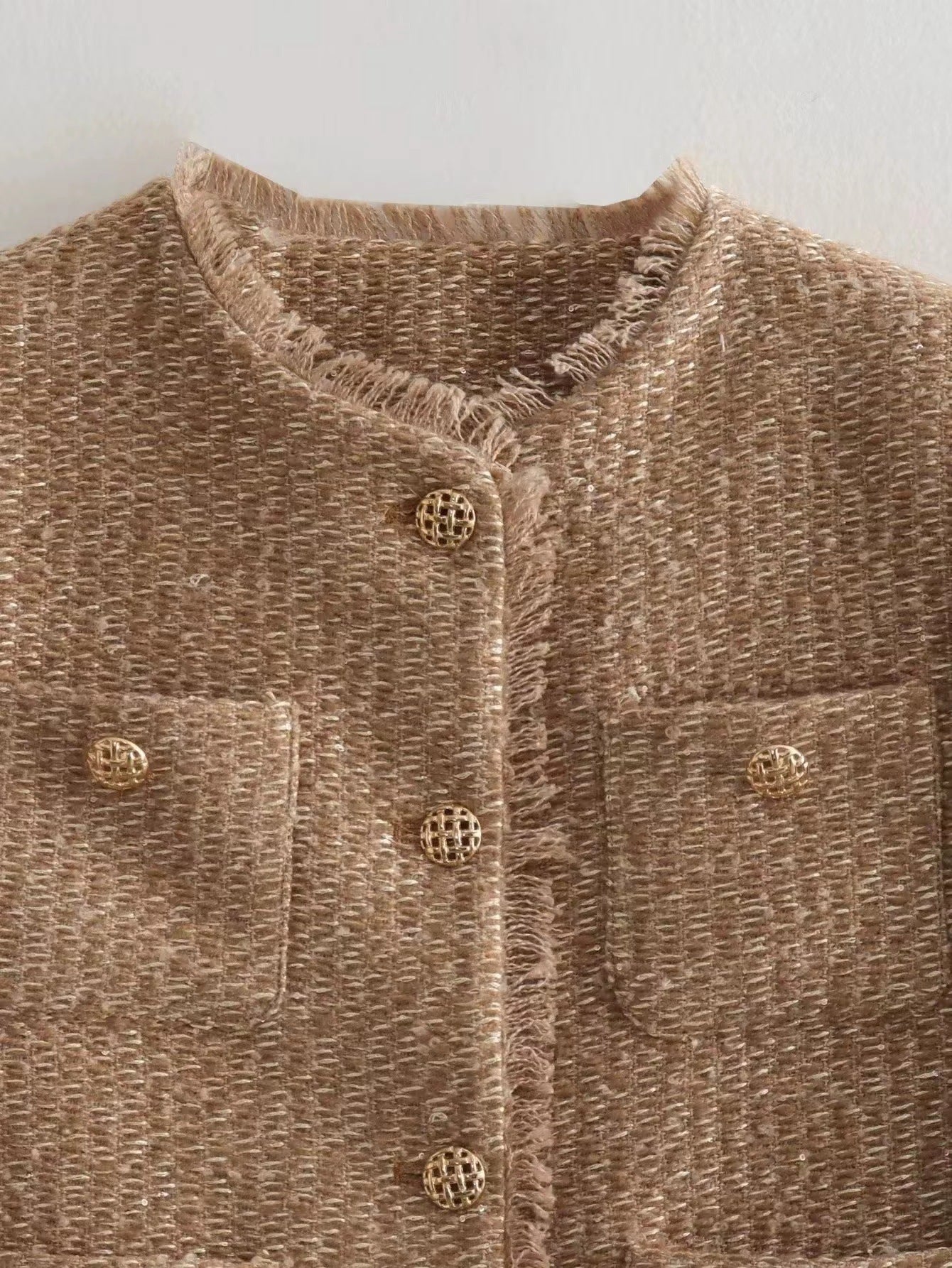 Dames Jas Boucle Stijlvol Goud Geheel Met Zakken