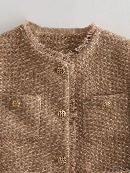 Dames Jas Boucle Stijlvol Goud Geheel Met Zakken