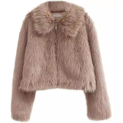 Dames Faux Fur Jas Kort Warm Met Rits en Kraag