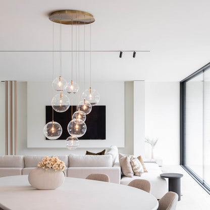 Cluster Hanglamp 9 Glazen Bollen Antiek Messing Verstelbaar 170cm Woonkamer