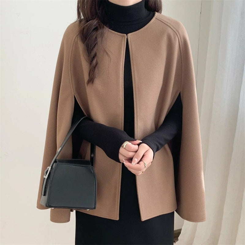 Dames Cape Jas Zwart Wol Wollen Elegante Stijl