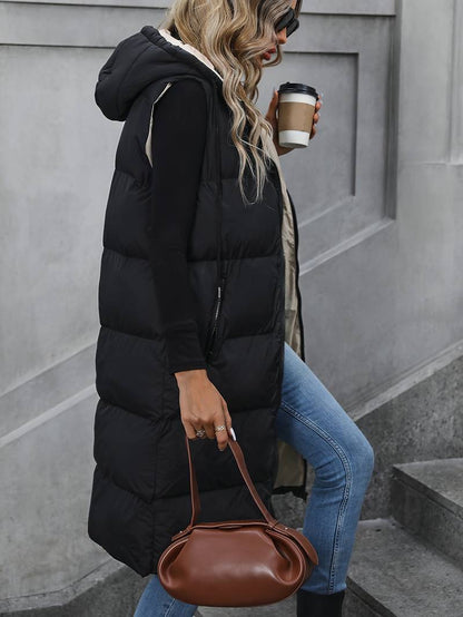 Dames Bodywarmer Lange Capuchon Ritsjas Zwart