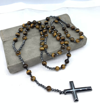 Natuursteen Rozenkrans Ketting met Kruis Hanger voor Mannen Zwart Blauw Groen Grijs