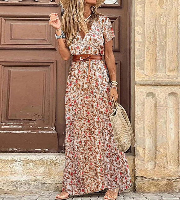 Vrouwen Maxi Jurk Zomer Boho Stijl V-hals Korte Mouwen
