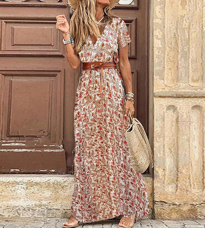 Vrouwen Maxi Jurk Zomer Boho Stijl V-hals Korte Mouwen