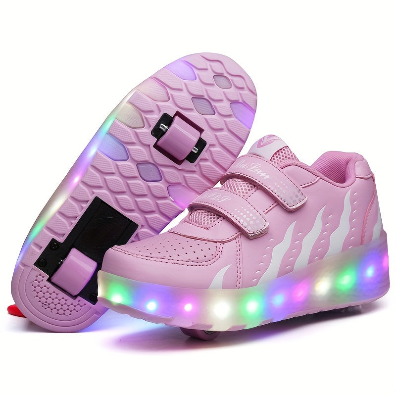Roller sneakers kinderen LED kunstleer roze met wieltjes afneembaar schoenen skates lichtgevende kinderschoenen