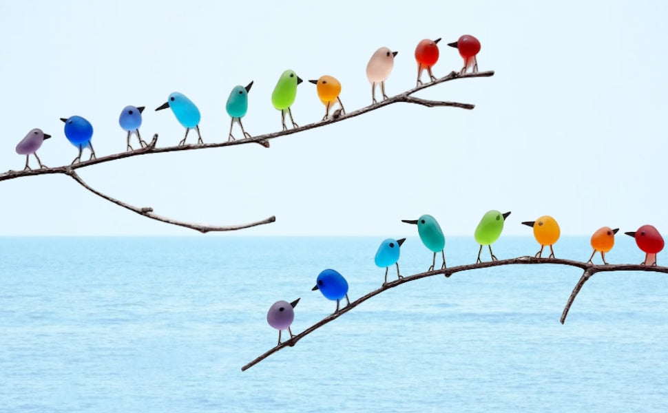 Zeeglas Vogels Wanddecoratie op Drijfhout 8-12 Vogels Handgemaakt Regenboog Kunstwerk Natuurlijk Hout